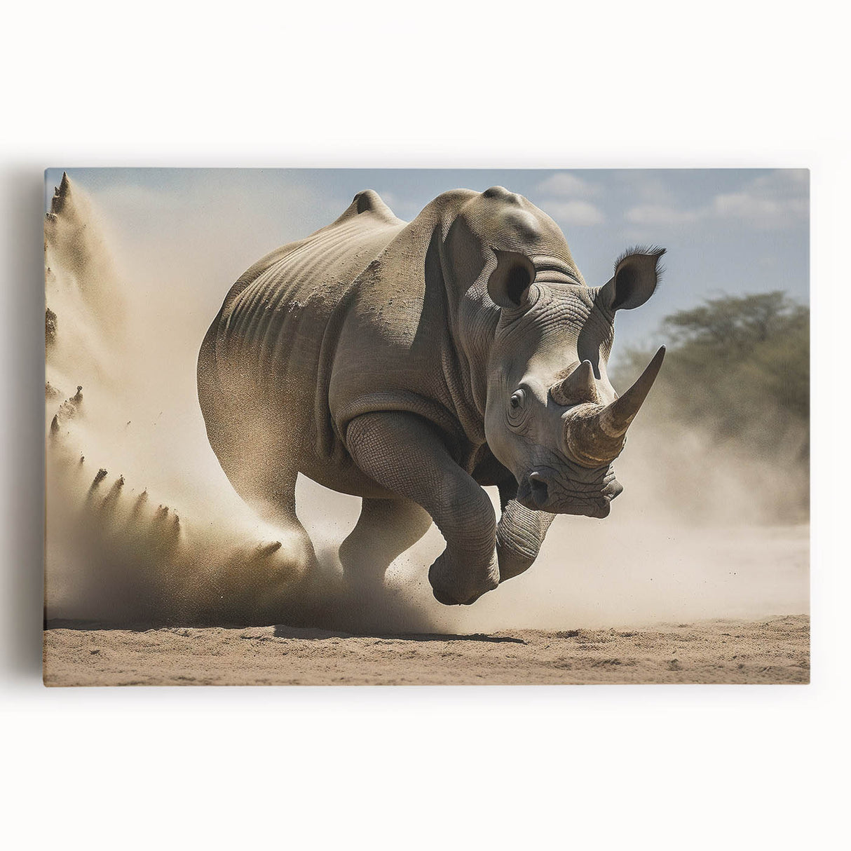 Front view of a striking rhinoceros wall art design printed on stretched canvas, showcasing intricate details and vibrant colors, perfect for wildlife enthusiasts.