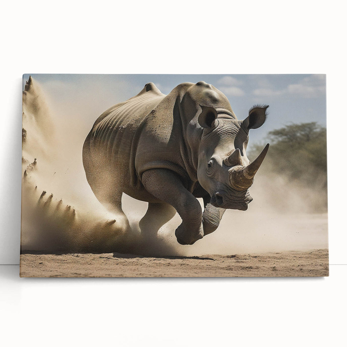 Stretched canvas wall art featuring a vibrant and artistic depiction of a rhinoceros, showcasing intricate details and rich colors, perfect for wildlife enthusiasts and modern decor.
