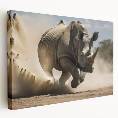 Side view of a rhino wall art design on stretched canvas, showcasing intricate details and earthy tones, perfect for animal lovers and home decor enthusiasts.