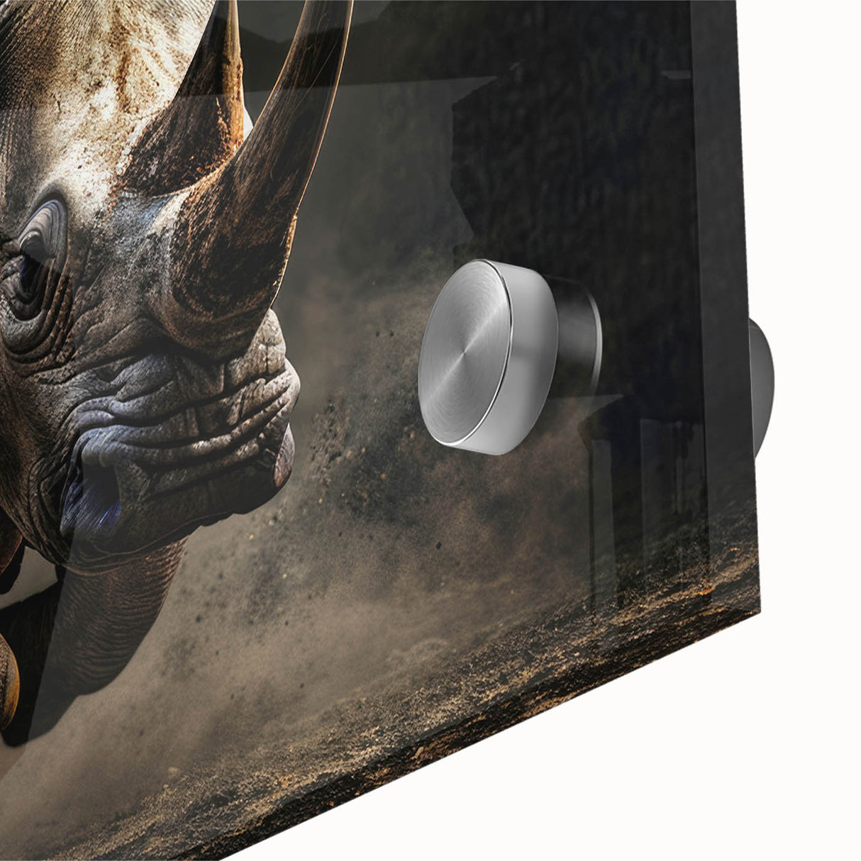Close-up view of a stunning acrylic wall art piece featuring a detailed rhinoceros design, showcasing intricate textures and vibrant colors, ideal for wildlife enthusiasts.