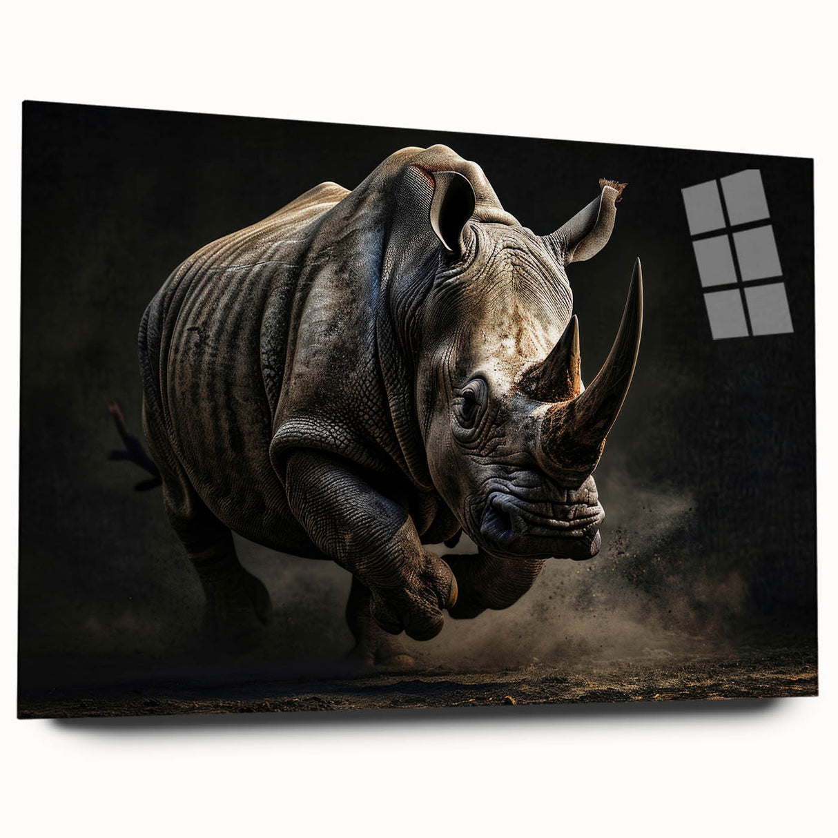 Acrylic wall art piece showcasing a side view of a rhinoceros in a vibrant, colorful design, perfect for wildlife enthusiasts and modern decor.