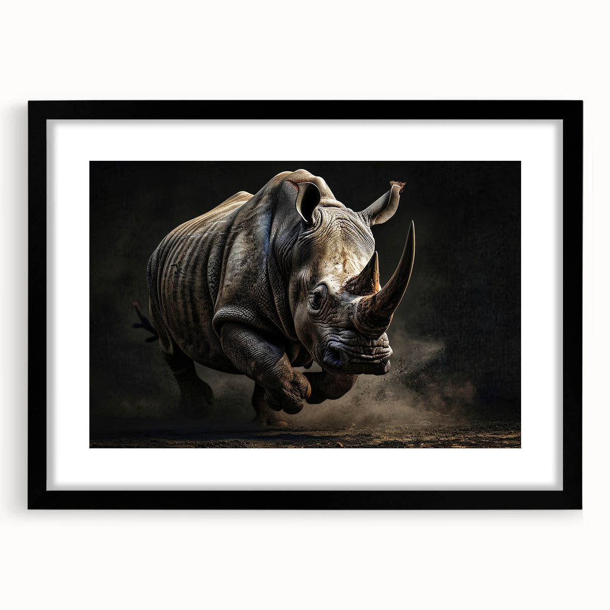 Rhinoceros wall art design in a sleek black frame, showcasing intricate details and a modern aesthetic, perfect for wildlife enthusiasts and interior decor.