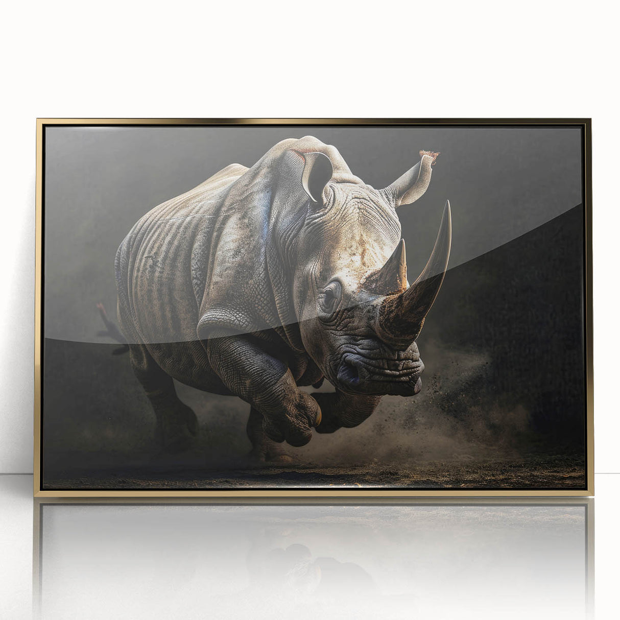 Framed acrylic wall art depicting a front view of a rhinoceros, featuring a gold accent design, ideal for animal lovers and wildlife decor enthusiasts.
