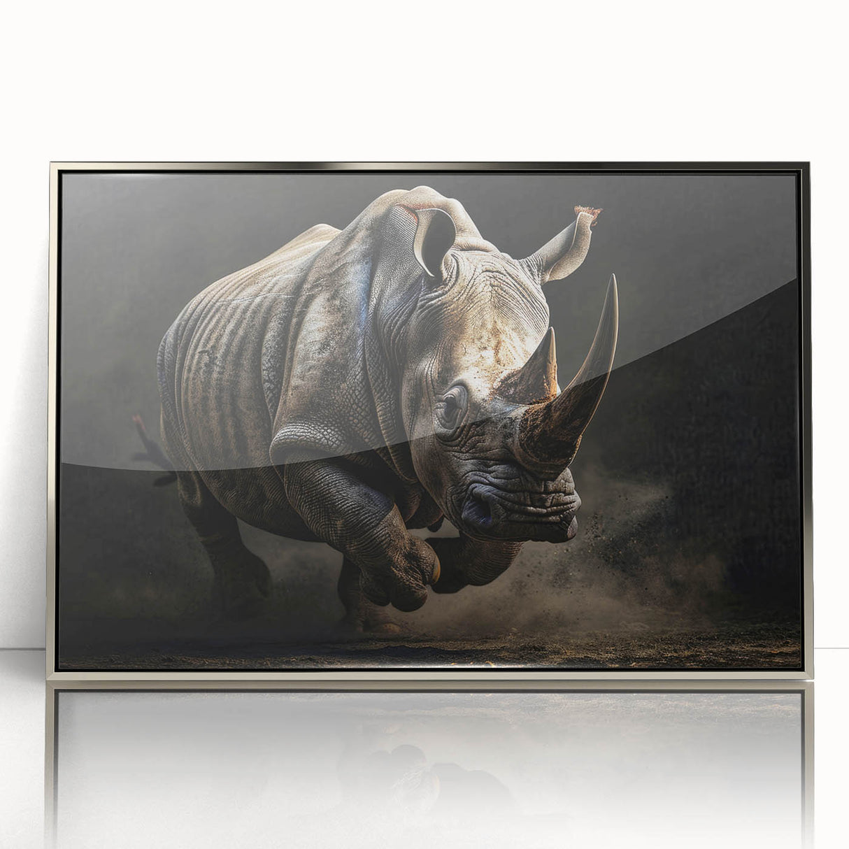 Framed wall art showcasing a silver-accented rhinoceros design, perfect for wildlife enthusiasts, adding a modern touch to home decor. Ideal for animal lovers and art collectors.