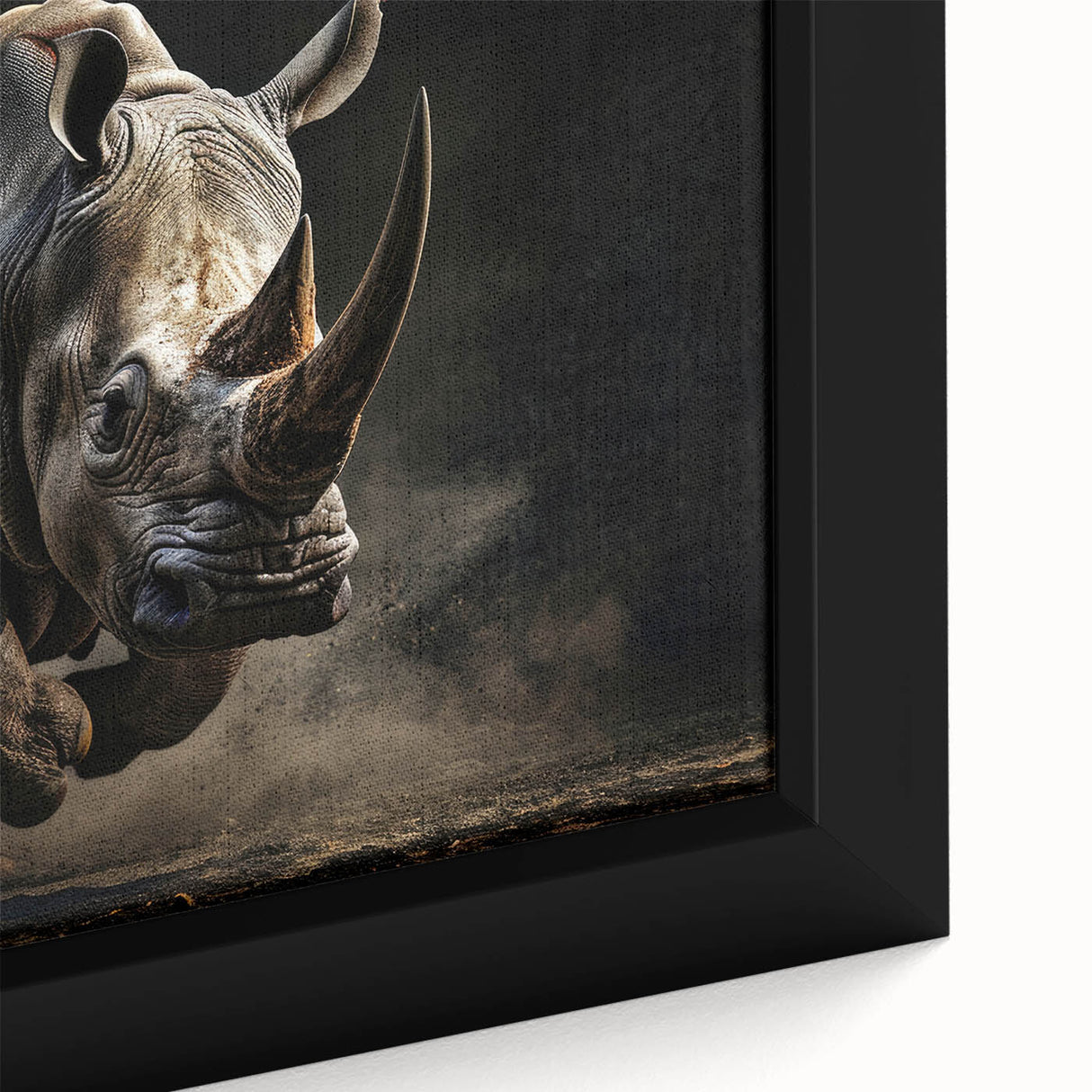 Close-up of a framed canvas wall art featuring a detailed and vibrant illustration of a rhinoceros, showcasing its textured skin and striking features, perfect for wildlife decor.