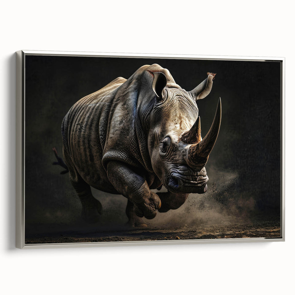 Framed wall art canvas depicting a silver side view of a rhinoceros, showcasing intricate details and textures against a minimalist background, ideal for wildlife-themed decor.