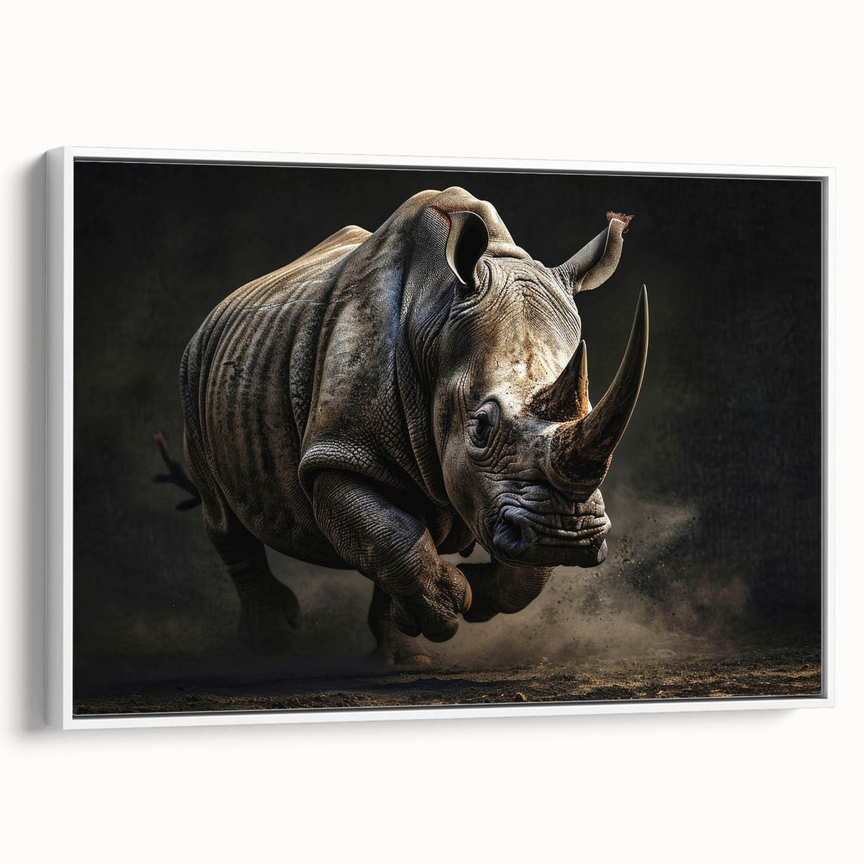 Framed canvas wall art featuring a side view of a rhinoceros, showcasing intricate details and a white background, perfect for wildlife-themed decor.