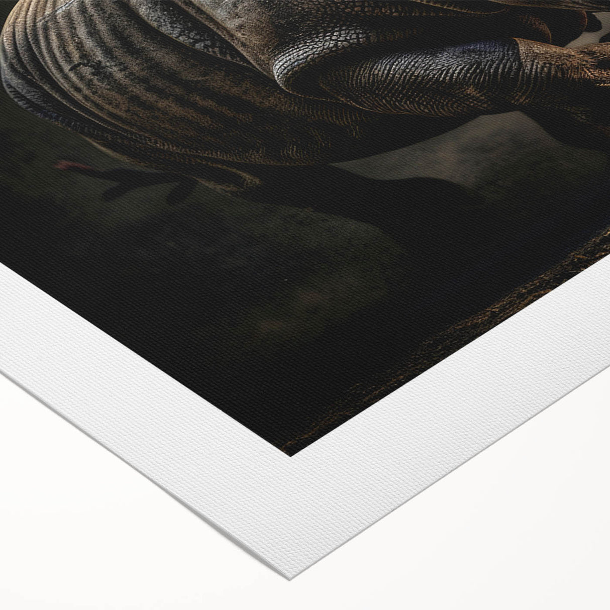 Rolled canvas artwork showcasing a detailed rhinoceros design, highlighting intricate textures and earthy tones, perfect for animal lovers and modern decor enthusiasts.