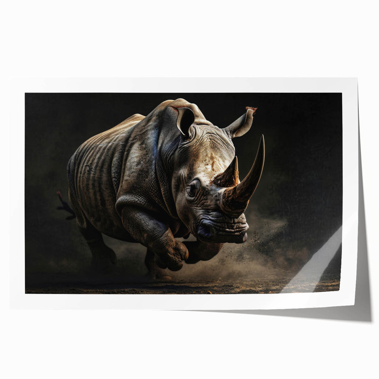 Rhinoceros wall art print showcasing a detailed wildlife design, featuring rich colors and intricate patterns, ideal for animal lovers and eco-conscious decor.