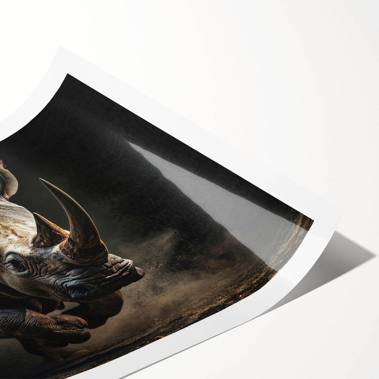Rhinoceros wall art print showcasing a vibrant, detailed design featuring a majestic rhino in its natural habitat, rolled for easy display and protection.