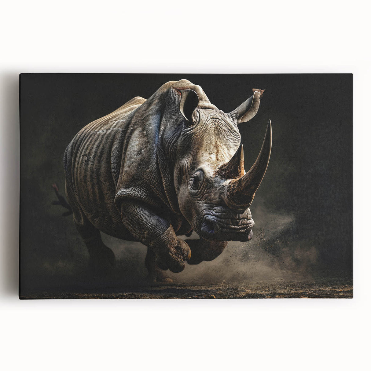 Rhinoceros wall art design displayed on stretched canvas, showcasing intricate details and vibrant colors, perfect for wildlife enthusiasts and eco-friendly decor.