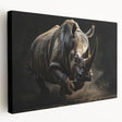 Side view of a majestic rhinoceros depicted in a vibrant, colorful design on stretched canvas, ideal for wildlife-themed home decor and art collections.