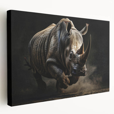 Side view of a majestic rhinoceros depicted in a vibrant, colorful design on stretched canvas, ideal for wildlife-themed home decor and art collections.