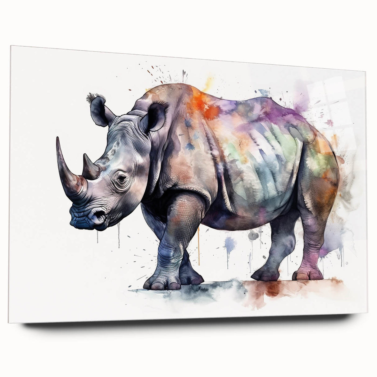 Side view of a sleek acrylic wall art piece featuring a detailed rhinoceros design, showcasing vibrant colors and intricate patterns, perfect for wildlife enthusiasts.