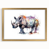 Gold-framed wall art featuring a striking rhinoceros design from the Animals A Wild Life collection, showcasing intricate details against a soft mat backdrop. Perfect for adding a touch of wildlife elegance to any room.