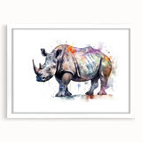White-framed wall art showcasing a striking rhinoceros design, highlighting intricate details and vibrant colors, perfect for wildlife enthusiasts and home decor.
