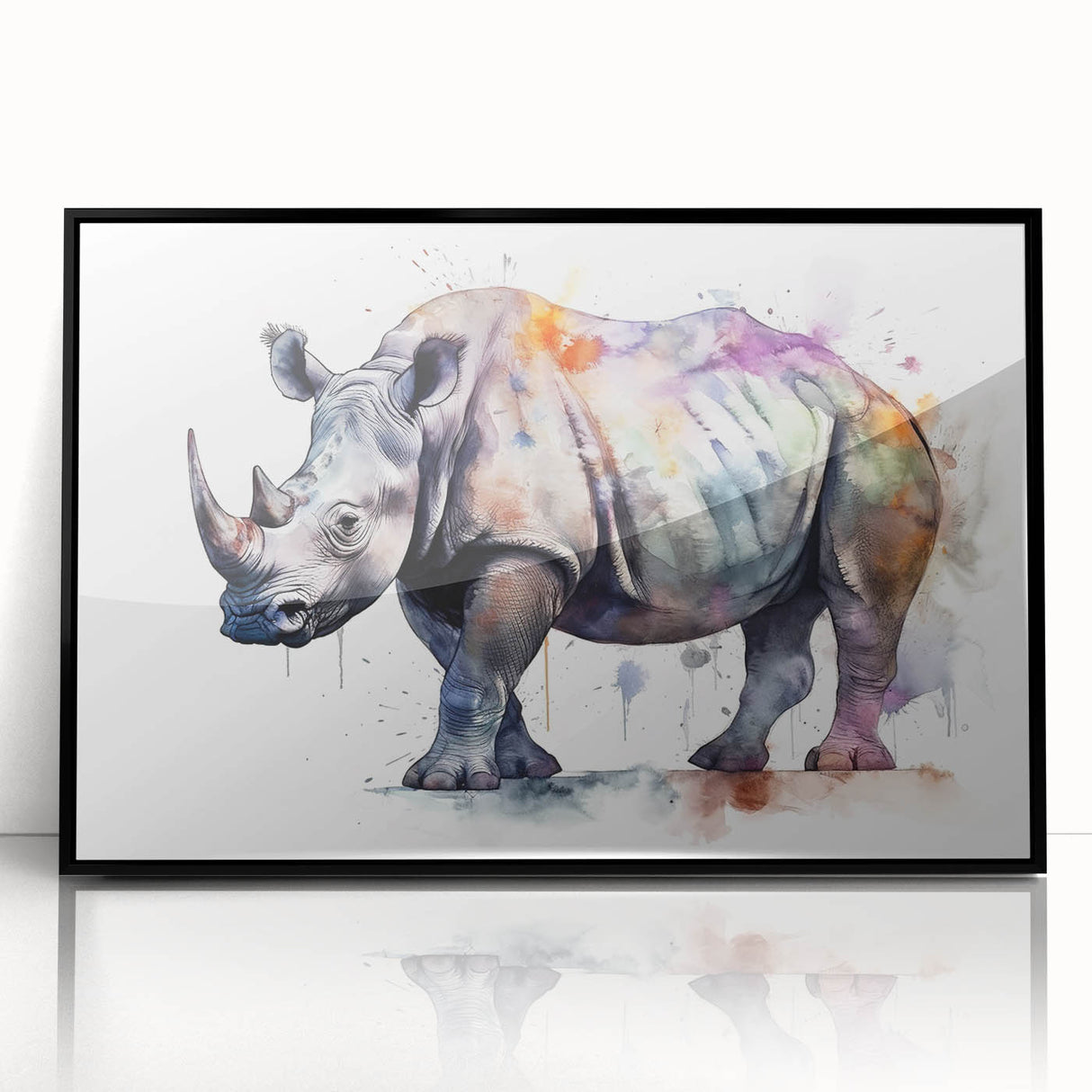 Framed acrylic wall art featuring a striking black rhinoceros design, showcasing intricate details in a modern style, perfect for wildlife enthusiasts and home decor.