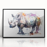 Framed acrylic wall art featuring a striking black rhinoceros design, showcasing intricate details in a modern style, perfect for wildlife enthusiasts and home decor.