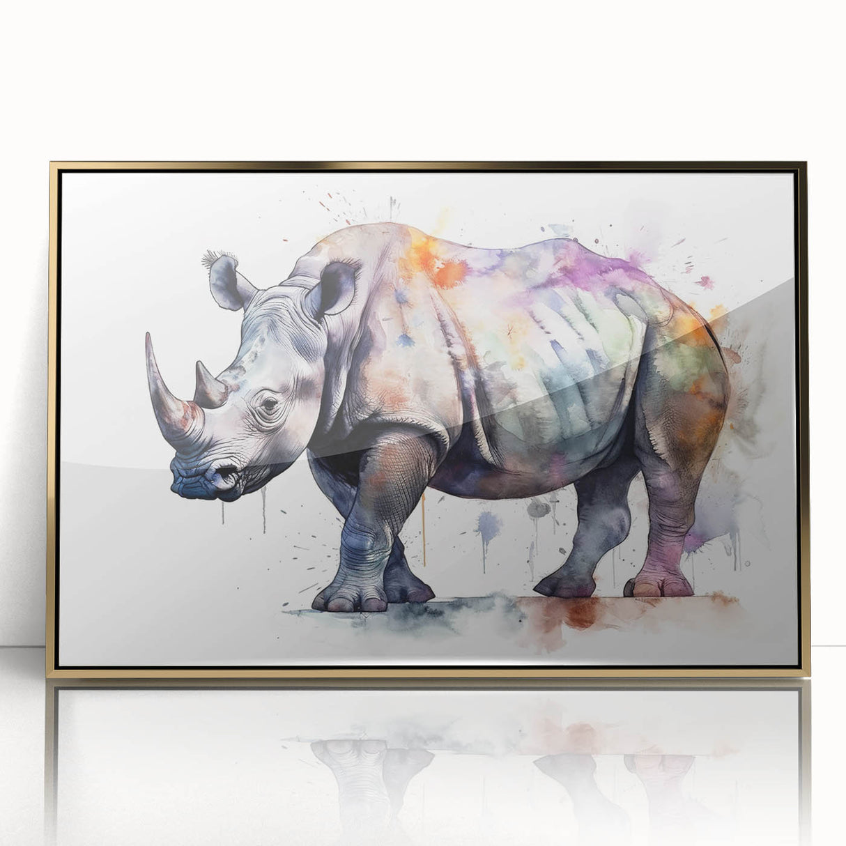 Framed wall art featuring a detailed front view of a rhinoceros design with a gold-acrylic finish, showcasing wildlife artistry perfect for animal lovers.