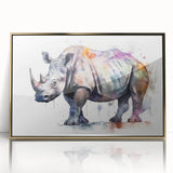 Framed wall art featuring a detailed front view of a rhinoceros design with a gold-acrylic finish, showcasing wildlife artistry perfect for animal lovers.