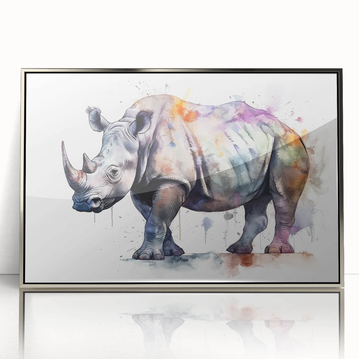 Framed wall art featuring a stunning silver-acrylic rhinoceros design from the Animals A Wild Life collection, showcasing intricate details and vibrant colors. Ideal for wildlife enthusiasts and modern decor.