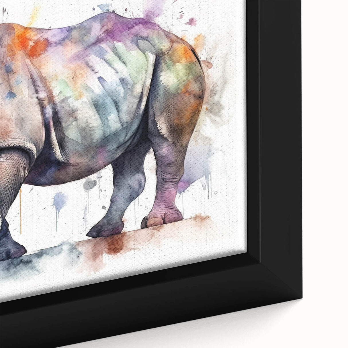 Close-up of a framed canvas wall art showcasing a realistic rhinoceros design, featuring intricate details and vibrant colors, perfect for wildlife enthusiasts and modern decor.