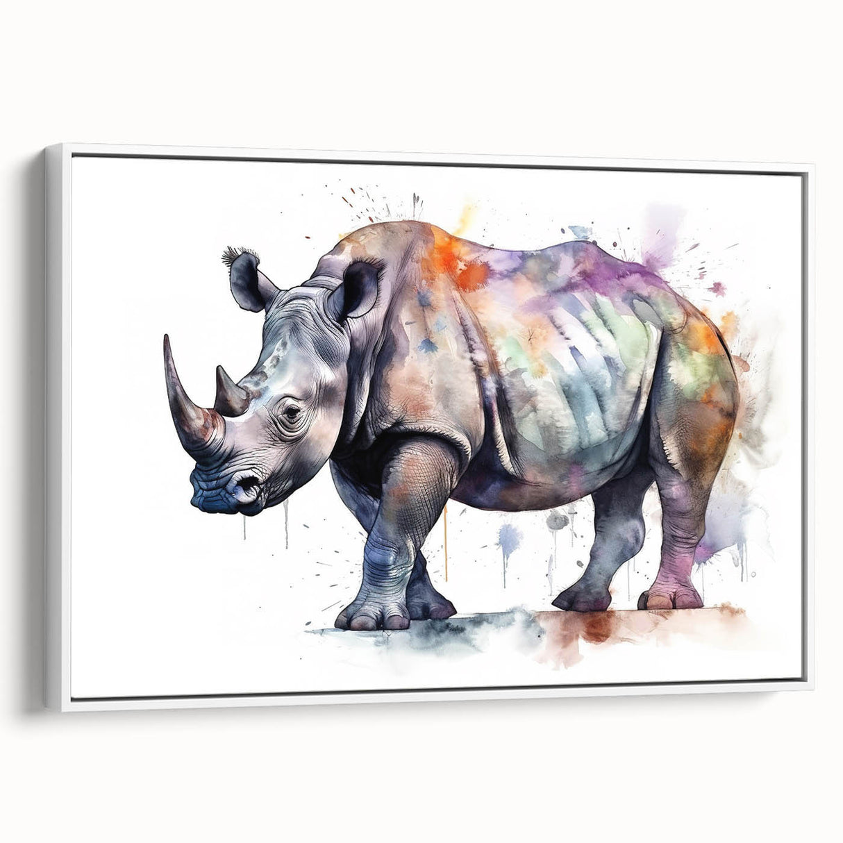 Framed wall art featuring a side view of a rhinoceros design, showcasing intricate details in shades of gray and white, perfect for wildlife enthusiasts and modern decor.