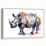 Framed wall art featuring a side view of a rhinoceros design, showcasing intricate details in shades of gray and white, perfect for wildlife enthusiasts and modern decor.
