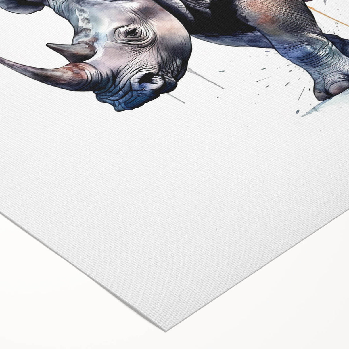 Rolled canvas showcasing a striking rhinoceros design, part of a wildlife wall art collection, featuring vibrant colors and intricate details, ideal for nature enthusiasts.