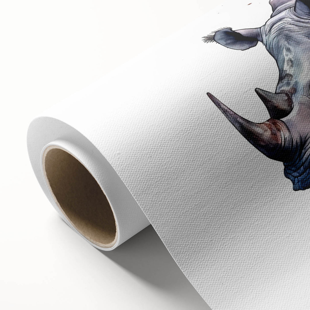 Rhinoceros wall art design on rolled canvas showcasing vibrant colors and intricate details, ideal for wildlife enthusiasts and home decor, packaged securely for delivery.