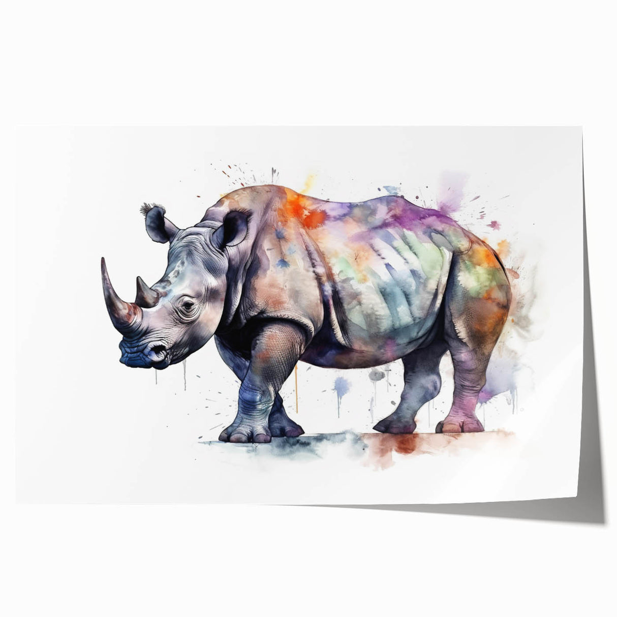 Rolled print of a rhinoceros wall art design showcasing intricate details and vibrant colors, perfect for wildlife enthusiasts and home decor lovers.