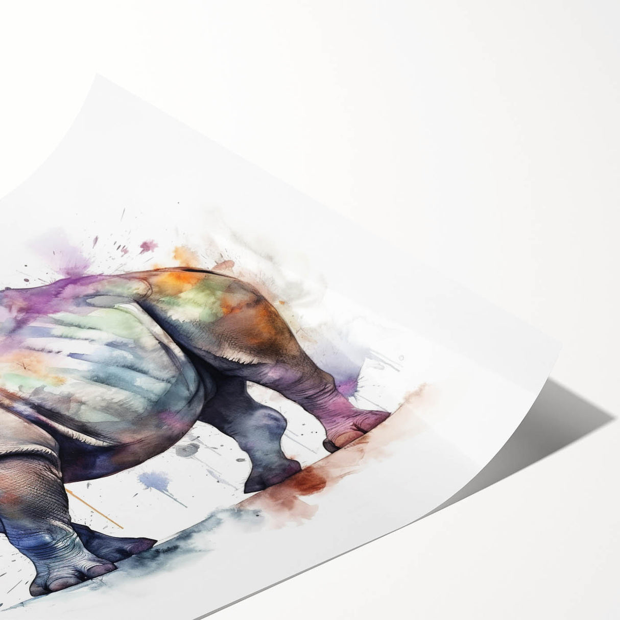 Rhinoceros wall art print showcasing a vibrant, detailed design of a majestic rhino in a natural habitat, perfect for wildlife enthusiasts and home decor.