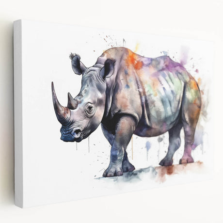 Stretched canvas wall art depicting a side view of a majestic rhinoceros in a natural habitat, showcasing detailed textures and earthy tones, ideal for wildlife enthusiasts.