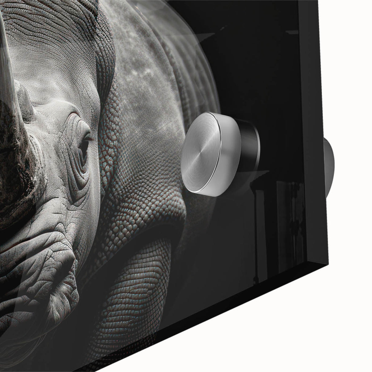Close-up of a striking acrylic wall art piece featuring a detailed rhinoceros design, showcasing intricate textures and vivid colors, perfect for animal lovers' decor.