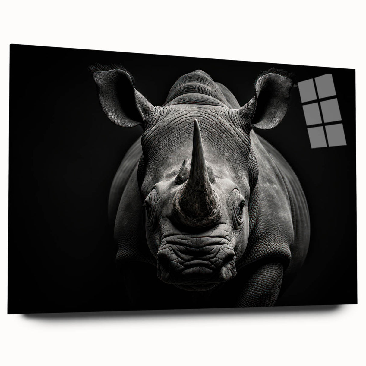 Side view of a stunning acrylic glass wall art piece featuring a detailed design of a rhinoceros, showcasing its textured surface and vibrant colors, perfect for wildlife enthusiasts.
