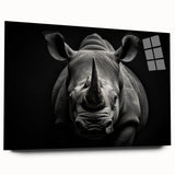 Side view of a stunning acrylic glass wall art piece featuring a detailed design of a rhinoceros, showcasing its textured surface and vibrant colors, perfect for wildlife enthusiasts.