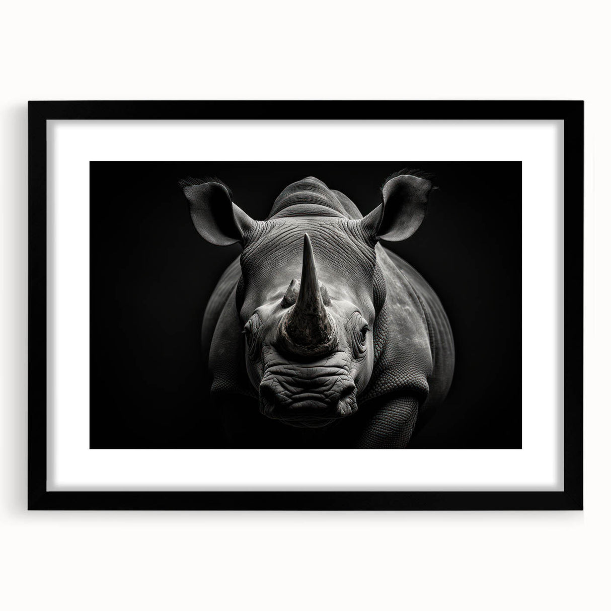 Framed wall art featuring a black-and-white rhinoceros design, showcasing intricate details and textures, perfect for animal lovers and modern home decor.