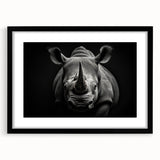 Framed wall art featuring a black-and-white rhinoceros design, showcasing intricate details and textures, perfect for animal lovers and modern home decor.