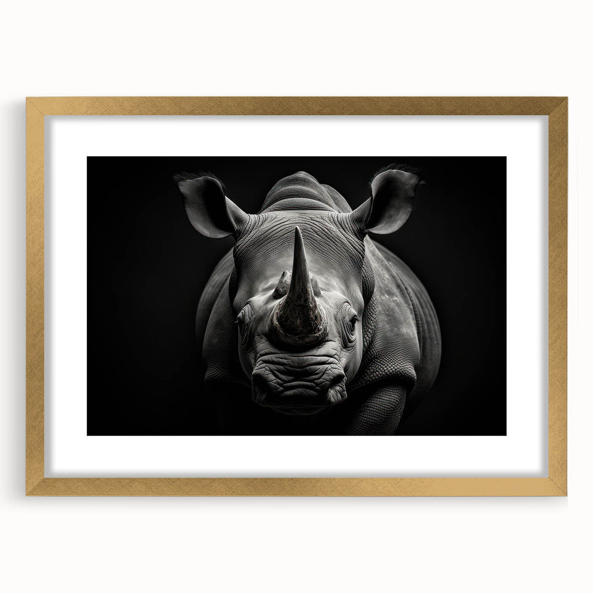 Golden-framed wall art featuring a detailed illustration of a rhinoceros, showcasing intricate textures and vibrant colors, perfect for wildlife enthusiasts' decor.