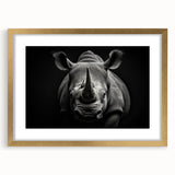 Golden-framed wall art featuring a detailed illustration of a rhinoceros, showcasing intricate textures and vibrant colors, perfect for wildlife enthusiasts' decor.