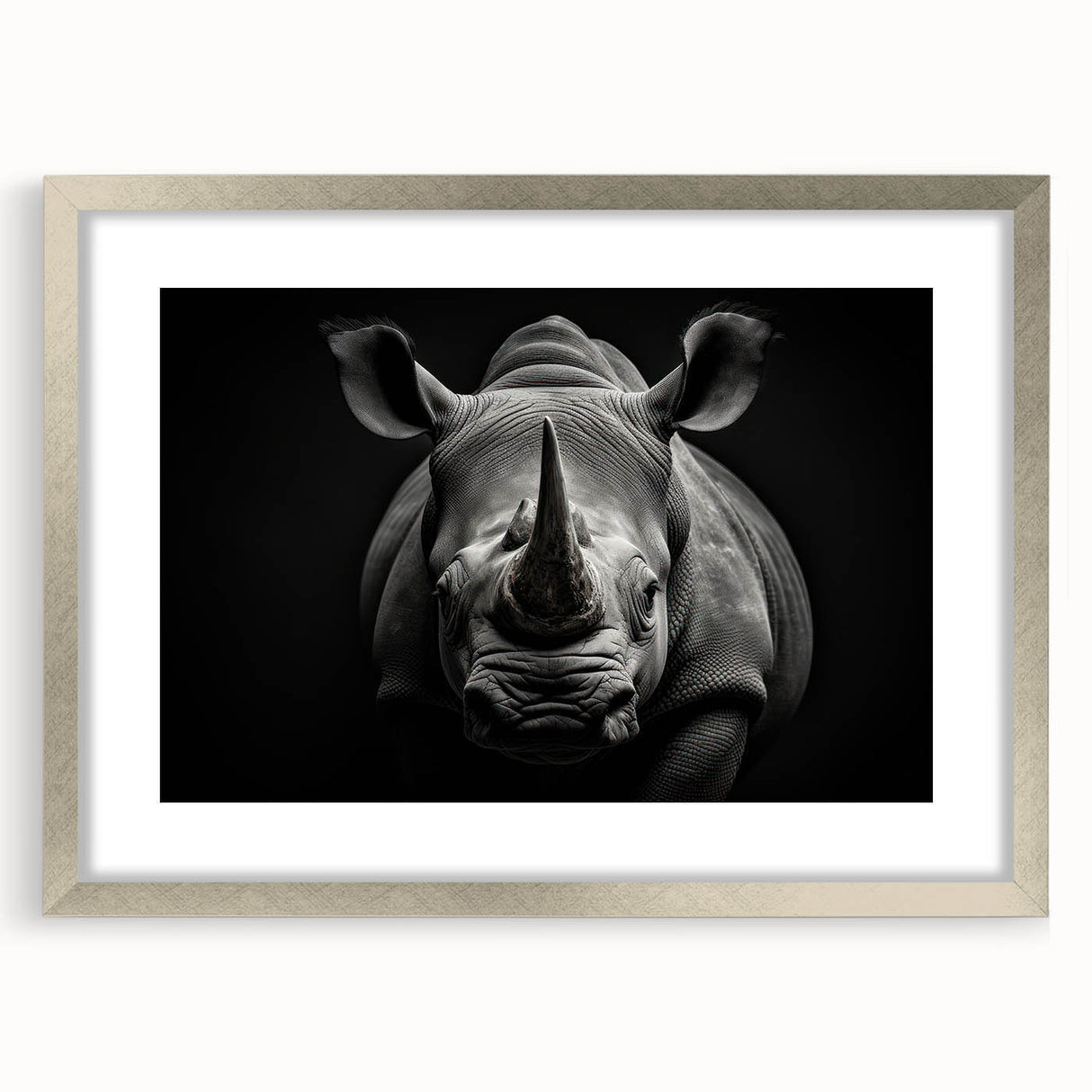 Silver-framed wall art featuring a detailed rhinoceros design, showcasing intricate textures and colors, ideal for wildlife enthusiasts and modern decor.