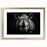 Silver-framed wall art featuring a detailed rhinoceros design, showcasing intricate textures and colors, ideal for wildlife enthusiasts and modern decor.