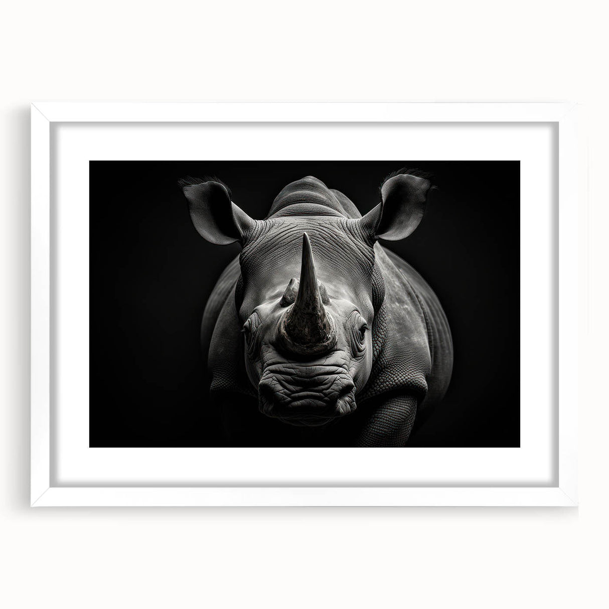 Framed wall art showcasing a striking rhinoceros design in a minimalist style, featuring a white mat and sleek frame, perfect for wildlife enthusiasts and modern decor.