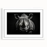 Framed wall art showcasing a striking rhinoceros design in a minimalist style, featuring a white mat and sleek frame, perfect for wildlife enthusiasts and modern decor.