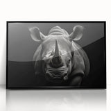 Framed wall art showcasing a striking black and white rhinoceros design, perfect for wildlife enthusiasts, displayed in an elegant acrylic frame, adding a modern touch to home decor.