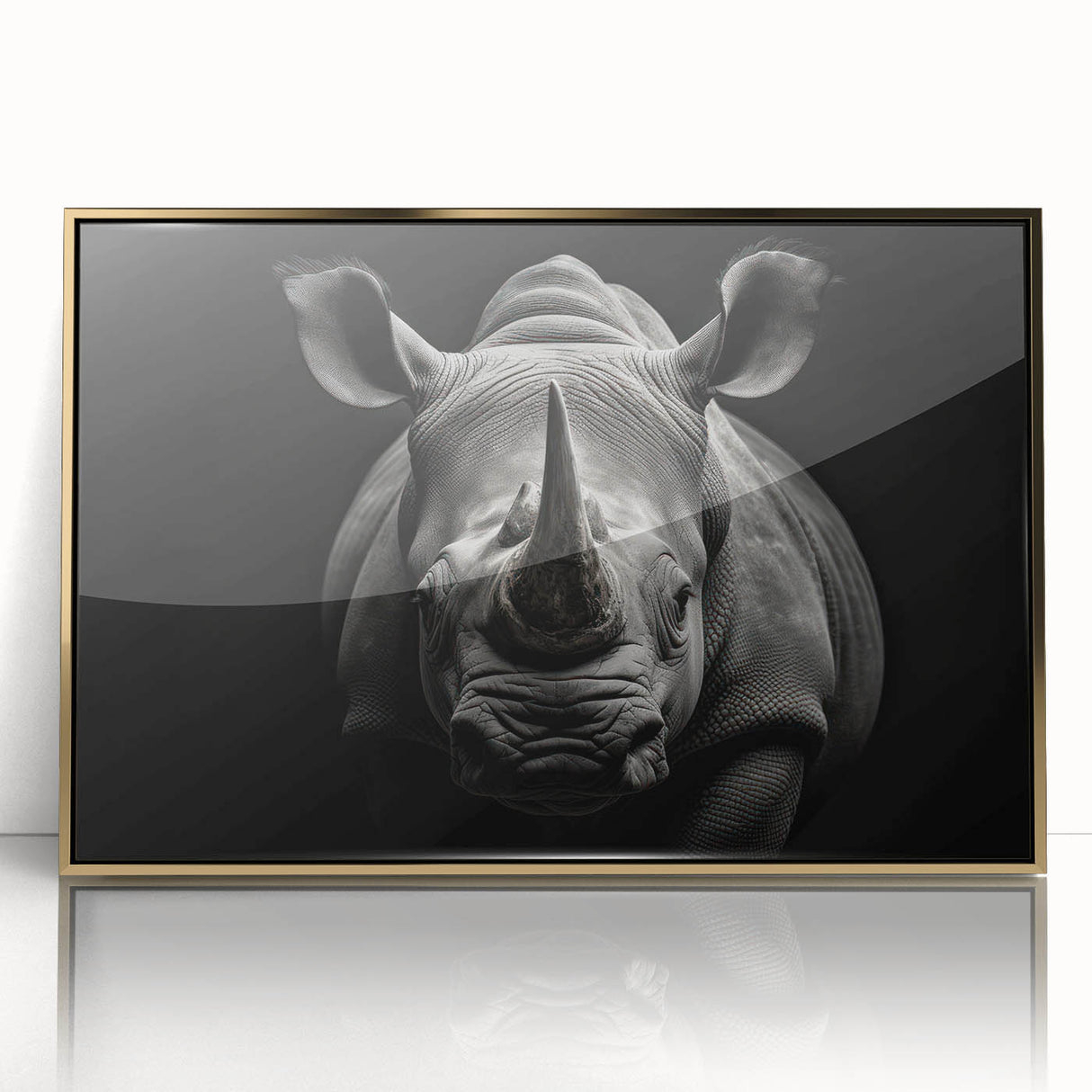 Framed wall art featuring a striking front view of a rhinoceros design in acrylic with gold accents, ideal for wildlife and nature-themed decor.