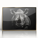 Framed wall art featuring a striking front view of a rhinoceros design in acrylic with gold accents, ideal for wildlife and nature-themed decor.