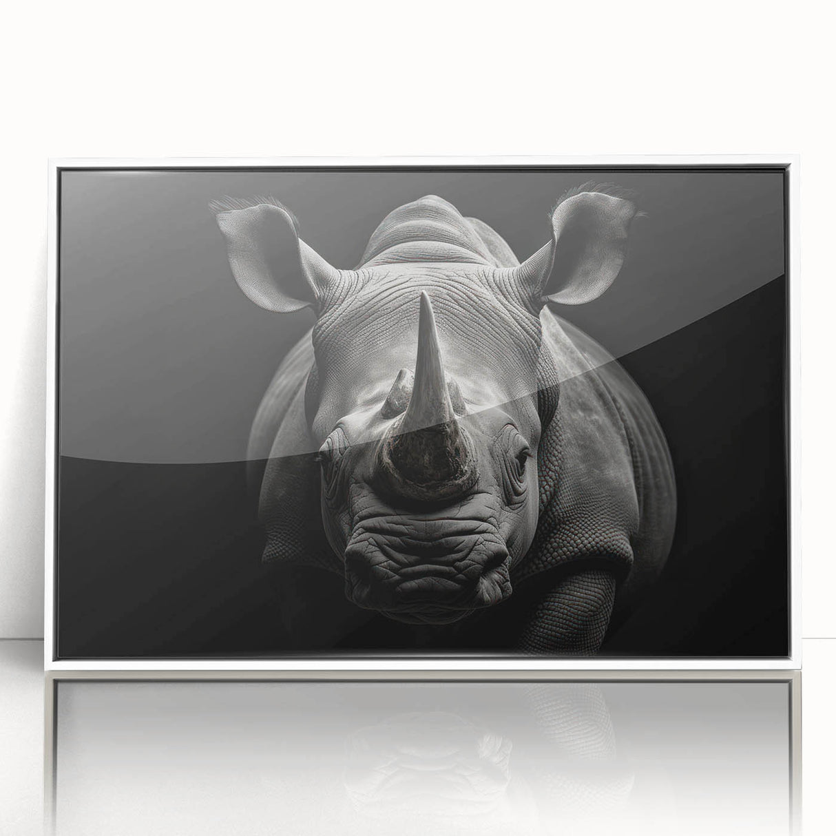 Framed wall art featuring a striking white rhino design, showcasing intricate details and vibrant colors, perfect for wildlife enthusiasts and modern decor.