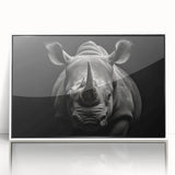 Framed wall art featuring a striking white rhino design, showcasing intricate details and vibrant colors, perfect for wildlife enthusiasts and modern decor.