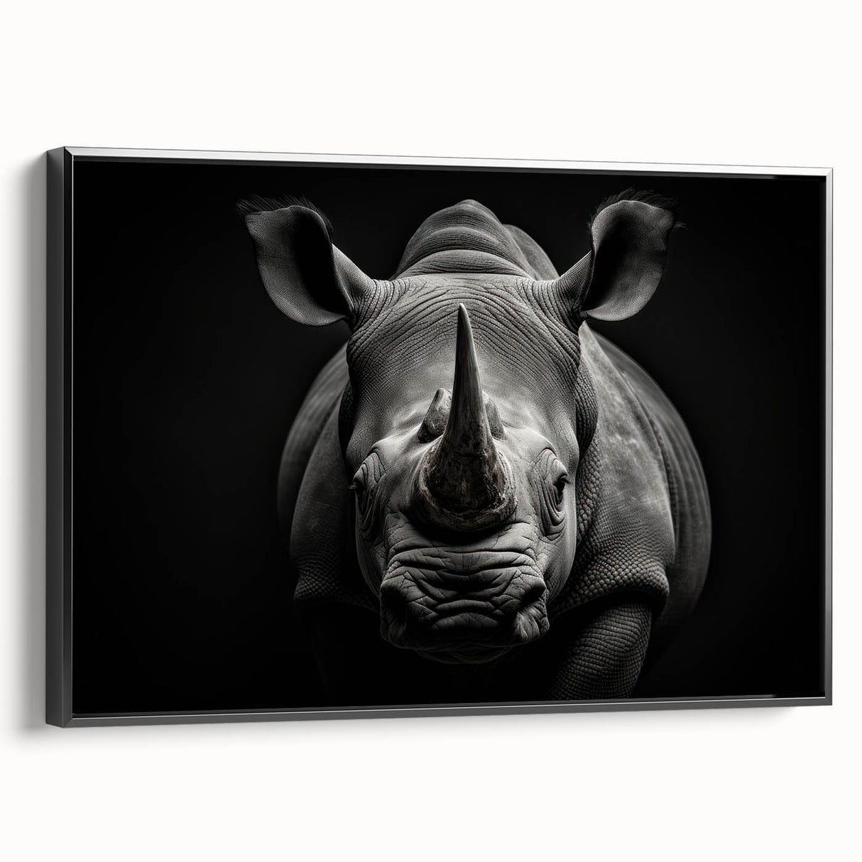 Framed wall art showcasing a black side view of a rhinoceros in a minimalist design, ideal for wildlife enthusiasts and modern decor, enhancing any interior space.